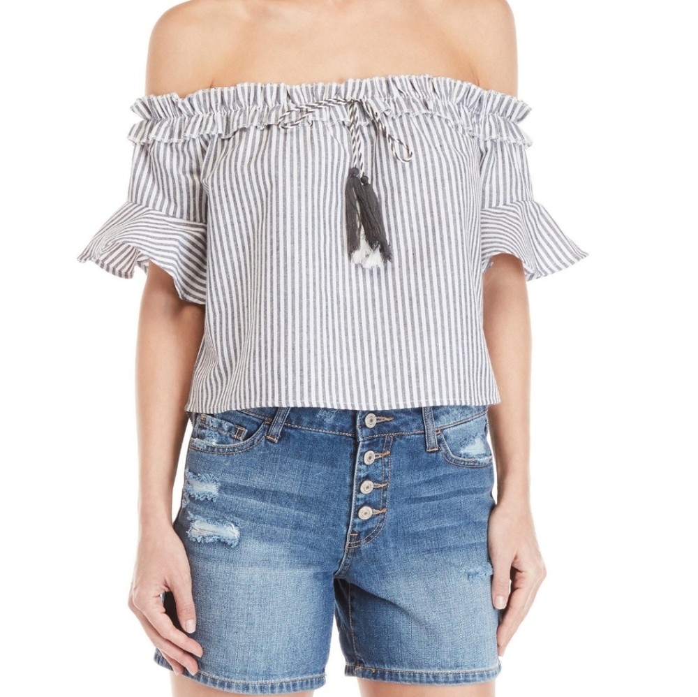 Rampage Crop Top Off Shoulder Blue White Stripe